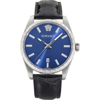 Versace Millenyium Leather Strap Watch, 40mm in Stainless Steel at Nordstrom
