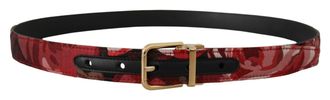 Dolce & Gabbana Mens Red Jacquard Rose Leather Gold Metal Buckle Belt