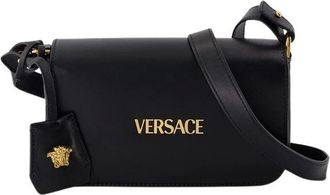 Versace Cross Body Bags, female, Black, Size: ONE SIZE Black Leather Crossbody Bag with Chain