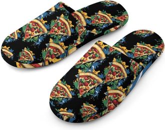 Generic Pizza Colorful Flannel Mens Slip-on Slippers Winter Warm House Shoes with Rubber Sole for Home Hotel