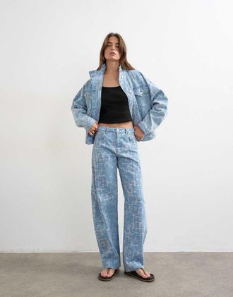 Topshop Jeans a vita medio alta a cilindro candeggiati invecchiati-Blu