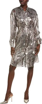 Brunello Cucinelli Metallic Silver Belted Shirt Dress, Size Medium