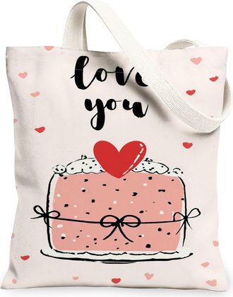 Generic Love You Heart Canvas Tote Bags, Cute Dessert Pattern Reusable Grocery Bags, ValentineS Day Lightweight Washable Shoulder, Peach, 13x15 Inch