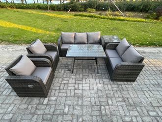 Fimous 7 Seater High Back PE Rattan Sofa Set Outdoor Garden Furniture Dining Table Set With Reclining Chair 3 Seater Sofa in Dark Grey