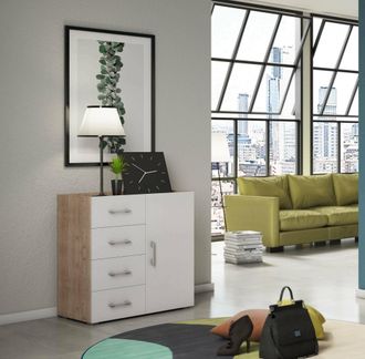 Dmora Aparador Dnag, Buffet Con 1 Puerta Y 4 Cajones, Aparador De Sal&oacute;n, Mueble Multiusos Con Baldas, 100% Made In Italy, 90x41h87 Cm, Blanco Y Roble - Dmor