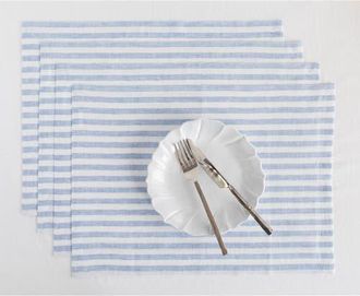 Solino Home Linen Placemats Set of 4, 14 x 19 Inch for Dining Table, Holiday and Everyday Table Decor - Amalfi Stripe in Sky Blue And White at