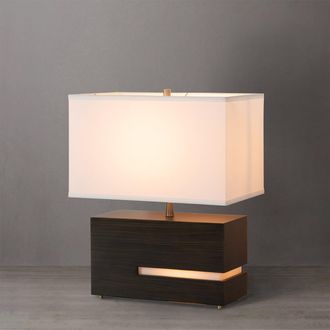 Nova of California Zen Reclining Table Lamp - Gilded Ebony Wood Finish, Weathered Brass, White Linen Shade