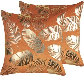 Beliani Conjunto De 2 Cojines De Terciopelo Naranja Dorado 45 X 45 Cm Hojas Sunflower
