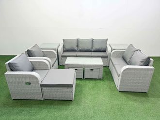 Fimous PE Rattan Garden Furniture Set Adjustable Chair Sofa Double Love Seat 2 Seater Sofa Lounge Set Rectangular Coffee Table 3 Stools 2 Side Table