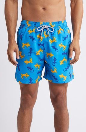 Tom & Teddy Gecko Print Performance Swim Trunks in Blue/Orange at Nordstrom, Size Xx-Large