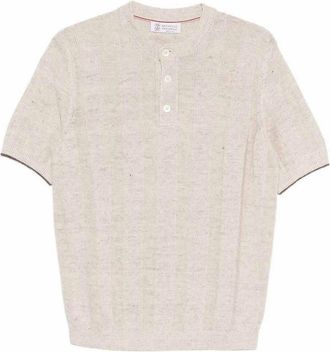 Brunello Cucinelli Textured Rib Knit T-Shirt With Henley Collar