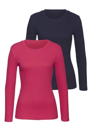 Vivance Langarmshirt VIVANCE aus modischer Rippware, Damen, Gr. 36/38, pink (pink, navy), Rippware, Obermaterial: 95% Baumwolle, 5% Elasthan, unifarben, Basic