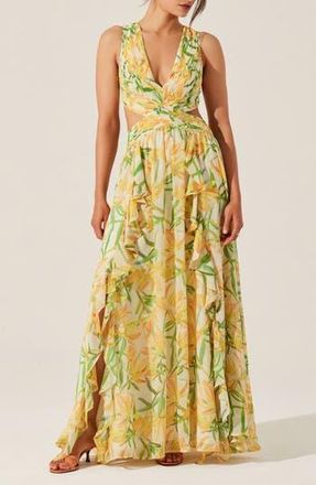 ASTR the Label Noya Floral Pleated Cutout Maxi Dress in Yellow Gre at Nordstrom Rack, Size X-Small