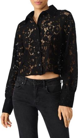 Steve Madden Jaiya Floral Guipure Lace Crop Button-Up Shirt in Black at Nordstrom, Size Xx-Large