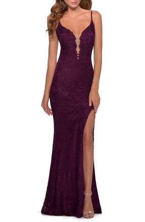 La Femme Lace Dress with Deep V-Neck and Rhinestones in Dark Berry at Nordstrom, Size 00