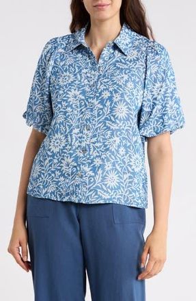 Nicole Miller Floral Puff Sleeve Button-Up Shirt in Blue Steel Floral Print at Nordstrom Rack, Size X-Large