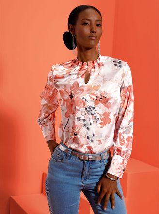 Cr&eacute;ation L Satinbluse CREATION L, Damen, Gr. 44, ecru, apricot, bedruckt, 97% Polyester, 3% Elasthan, bedruckt, gebl&uuml;mt, gemustert, mehrfarbig, Blusen Satinbluse