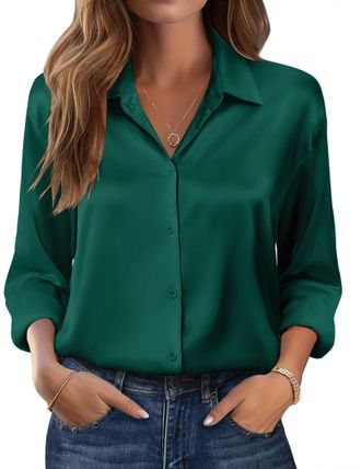 Zeagoo Satin Blouses for Women Casual Long Sleeve Button Down Silk Elegant Business Work Tunic Tops, dark green, S