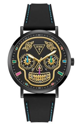 Guess Day of the Dead Black Multifunction Silicone Strap Watch, 44mm at Nordstrom