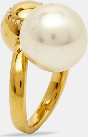 Carolina Herrera Ch Faux Pearl Crystal Gold Tone Ring