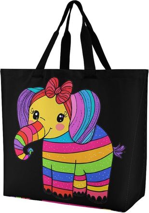 Generic Elephant Colorful Rainbow Large Reusable Shopping Bag Lightweight Foldable Tote Bags Washable Shoulder Handbag