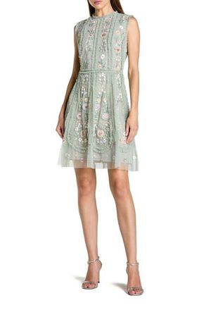 Mac Duggal Sleeveless High Neck Embroidered Mini Dress in Sage Multi at Nordstrom, Size 14