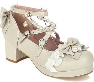 Generic Womens Chunky Heel Platform Pumps with Bowknot & Pearls, Cross Ankle Strap, Lolita Style,Beige,7.5 UK