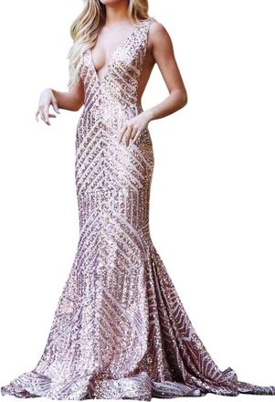 Jovani Low V Neck Sequin Dress In Rose Gold