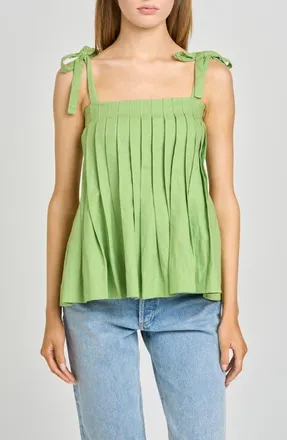 Wayf Stevie Pleated Tie Shoulder Babydoll Top in Pistachio at Nordstrom, Size X-Large