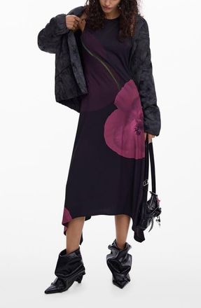 Desigual Print Asymmetric Hem Midi Dress in Black at Nordstrom, Size X-Large