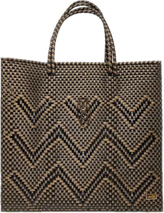 Lola's Bag Womens Medium Handmade Chevron Regular Strap Tote Bag In Black/gold