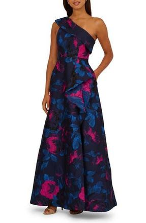 Adrianna Papell One-Shoulder Jacquard Ballgown in Navy/Orchid at Nordstrom Rack, Size 16