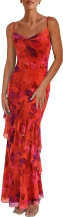 PrettyGarden Maxi Dresses for Women 2026 Summer Tiered Floral Beach Sundress Spaghetti Strap Spring Wedding Guest Long Dress, Floral Rust Red, L