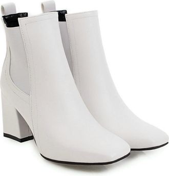 Generic Womens Chunky Heel Ankle Boots,Square Toe Comfortable Booties with Elastic Side Panels,White,5.5 UK