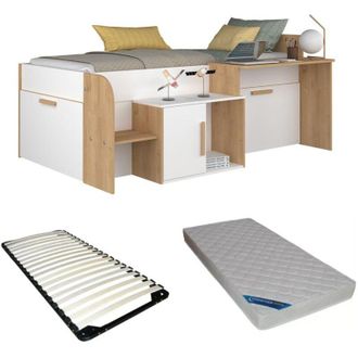 Vente-Unique Vente-unique - Letto a soppalco 90 x 200 cm con scrivania e ripiani - Colore: Bianco e naturale + Sommier + Materasso - pedro