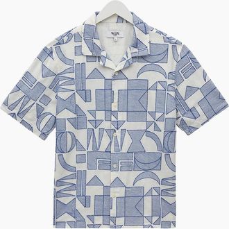 Wax London Mens Wax London Didcot Geometric Embroidered Short Sleeve Shirt - Ecru Blue - Size: 42/Regular