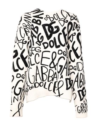 Dolce & Gabbana Womens Logo-Print Cashmere Blend Sweater White Viscose Wool