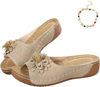 Generic Comfortable Non-Slip Solid Color Open-Toe Wedge Sandals for Women, Platform Arch Support Flip Flops Slides Slippers (Beige, Adult, Women, 6, Numeric, 