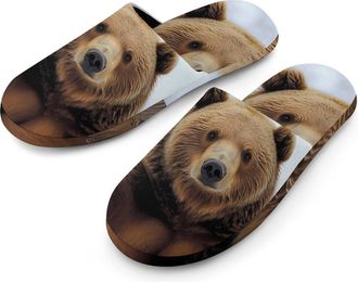 Generic Brown Bear Flannel Mens Slip-on Slippers Winter Warm House Shoes with Rubber Sole for Home Hotel