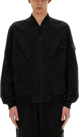 Stone Island Black Jacket With Zip Closure And Fitted Cuffs