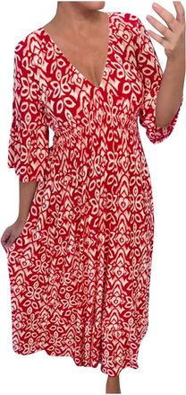 Generic Womens Dresses Ladies Dresses V-Neck Floral Dress,Womens Plus-Size Super Fairy Dress Beach Holiday Beachwear Skirt Long TunicDresses Red