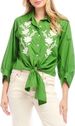 Karen Kane Embroidered Tie Front Cotton Shirt in Green at Nordstrom, Size X-Large
