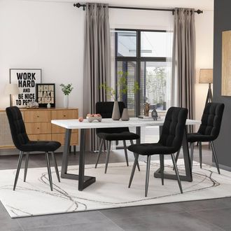 Merax Marble Effect Dining Table Set with 4 Velvet Chairs, 117&times;68cm in Black
