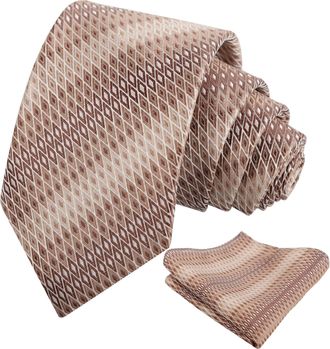 Alizeal Mens Regular Geometric Necktie and Pocket Square for Wedding Holiday Party Tie Set, Khaki+Brown