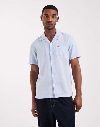 Tommy Jeans Camicia a maniche corte in misto lino blu chiaro con colletto cubano