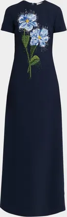 Oscar De La Renta Floral Beaded Short-Sleeve A-Line Gown