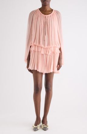 Chlo&eacute; Long Sleeve Organic Silk Muslin Cape Minidress in Tan Rose at Nordstrom, Size 12 Us