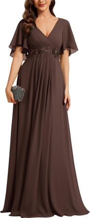 Ever-pretty Womens Chiffon V Neck Short Sleeves Appliques Formal Evening Dresses Bridesmaid Espresso 14