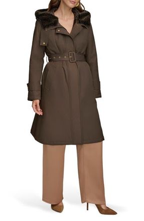 DKNY Faux Fur Trim Puffer Coat in Brown at Nordstrom, Size X-Large