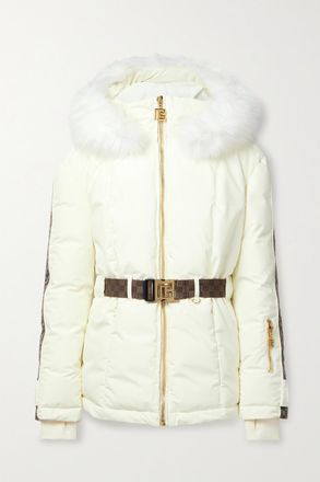 Balmain Giacca Da Sci In Shell Con Finiture In Jacquard E Peluche, Cappuccio E Cintura - Avorio